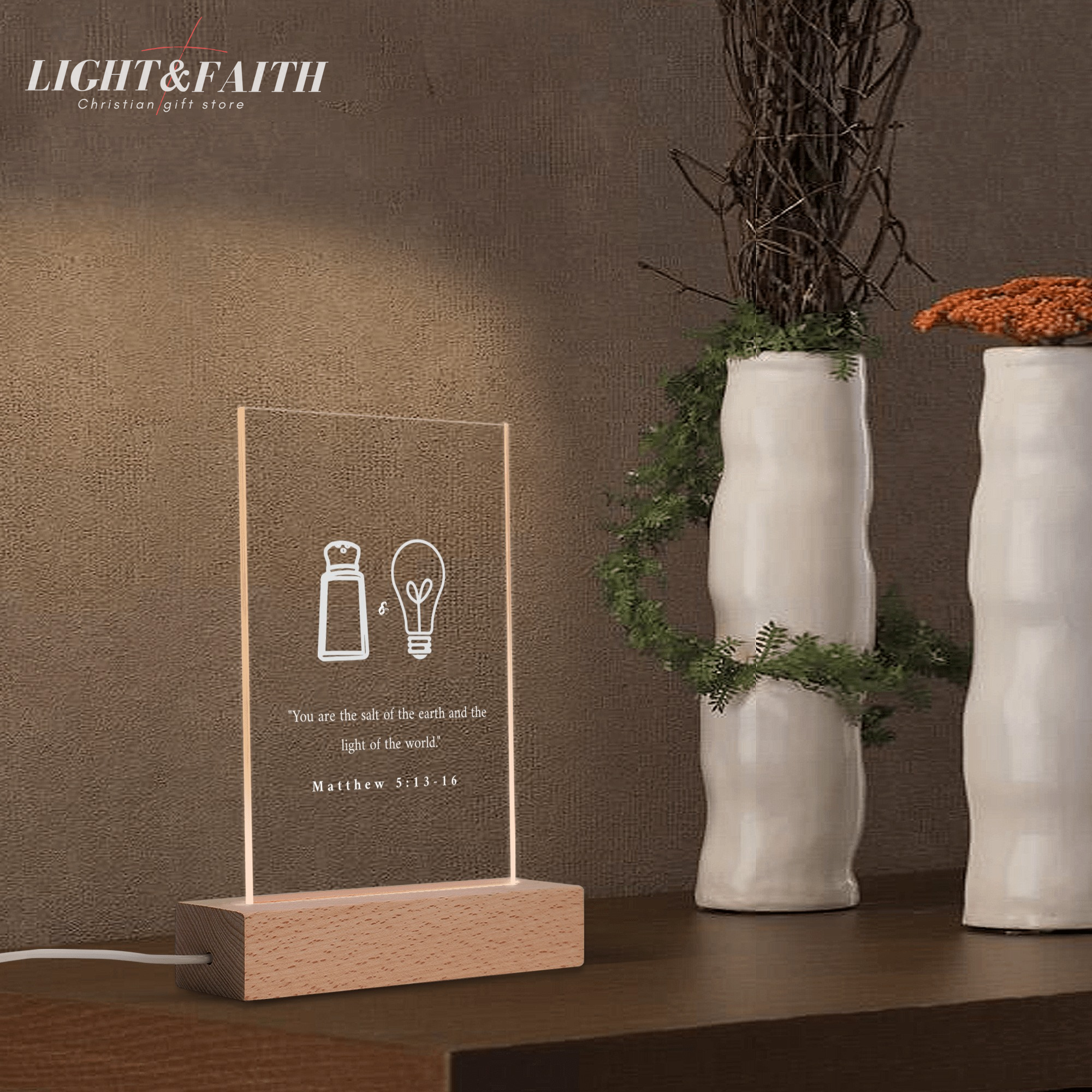 You Are The Salt Of The Earth And The Light Of The World LED Light - Matthew 5:13-16, Christian Bible Verse Lamp, Inspirational Acrylic Night Light, Religious Home Decor, Faith Gift for Believers. NLLAF49